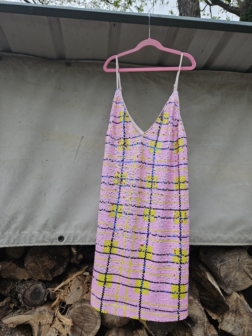 Pink Sequined Slip Dress with Yellow Check Detail By Buddy Love ❤️ Medium - Picture 3 of 9